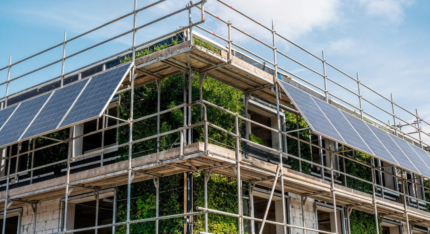 Edificación en construcción con paneles solares y muros verdes integrados